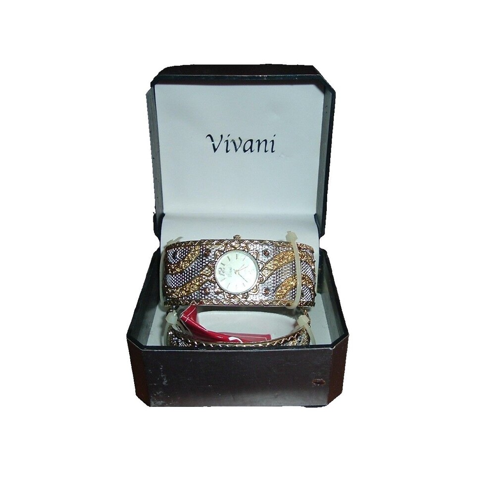 New Vivani Silver & Gold Tone Filigree Quartz Cuff Watch and Hinged Bracelet